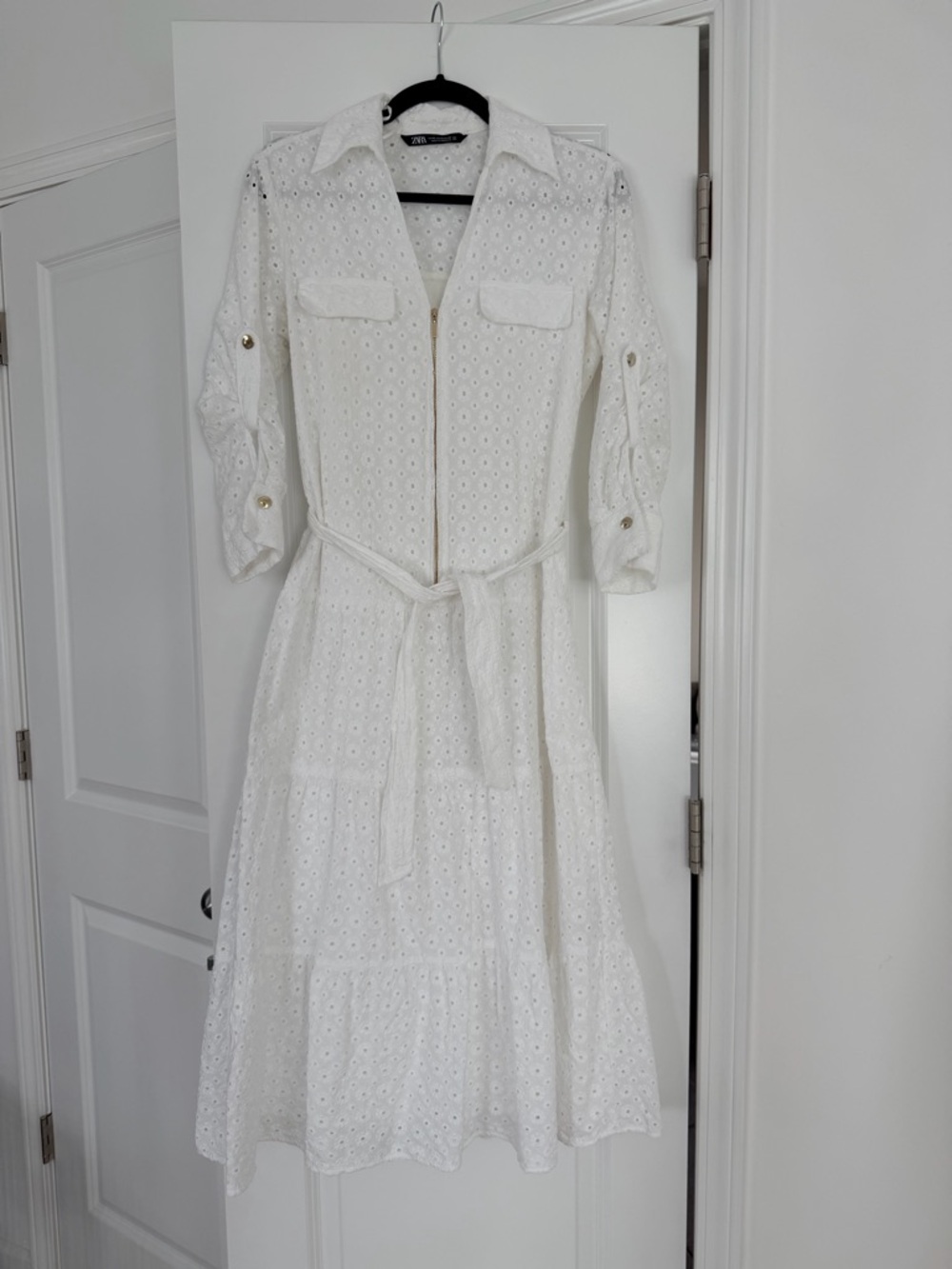 Zara White Eyelet Long-Sleeve Shirt Dress with Belt